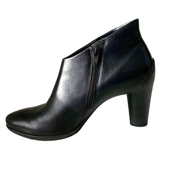 Ecco Sculptured 75 Low Cut Black Leather Ankle Booties 38 Side Zip Block Heel - Picture 4 of 10